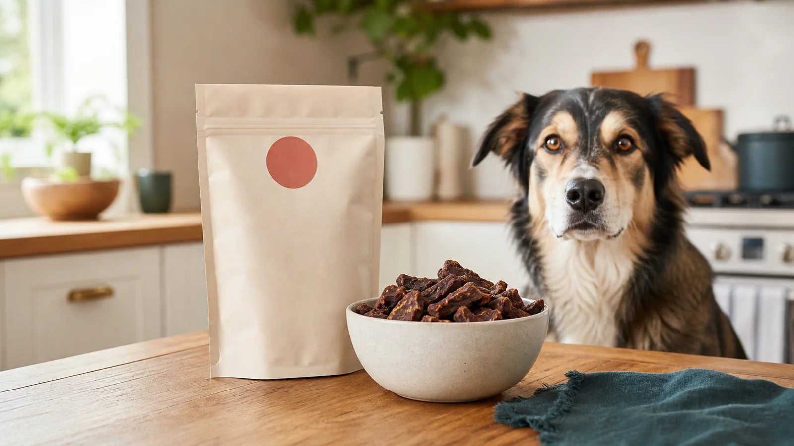Air-dried dog food in a bowl beside beef, salmon, sweet potato, and berries
