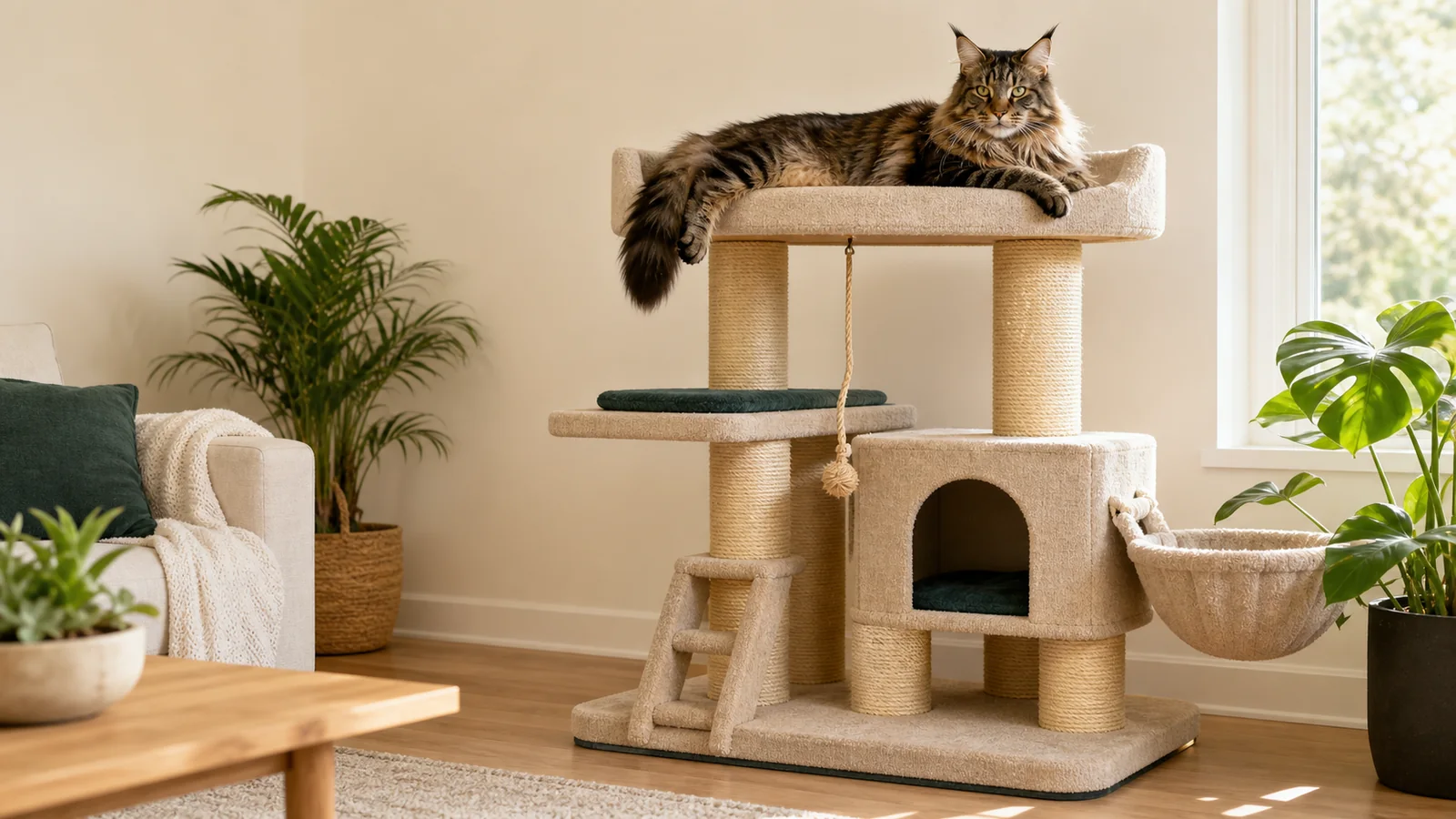 Large cats resting on a sturdy wood and sisal cat tree